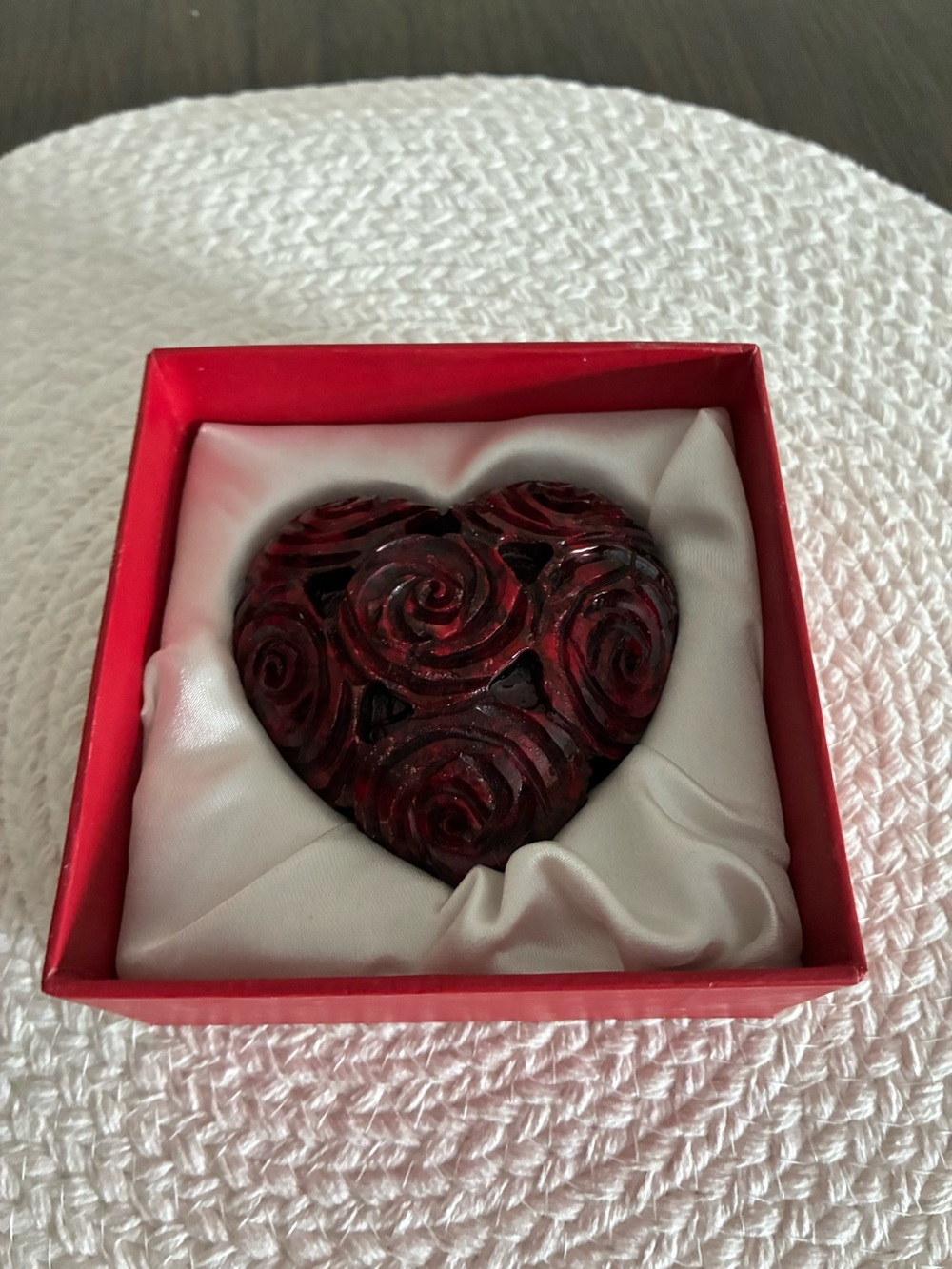 Red Heart stone Rose Carved Trinket in Gift Box